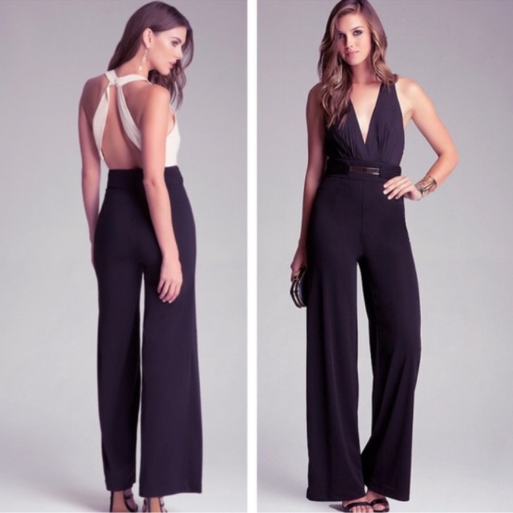 Vintage BEBE Boss V-Neck Black Wide-Leg Faux Belt Metallic Waist NYC Jumpsuit